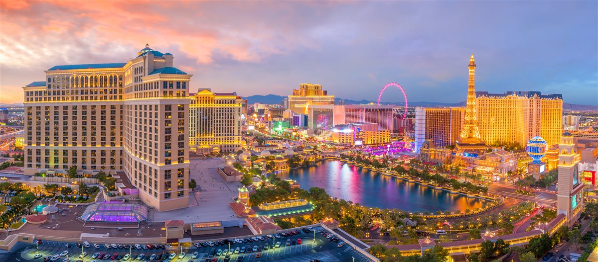 Aerial view of the Las Vegas Strip at dusk